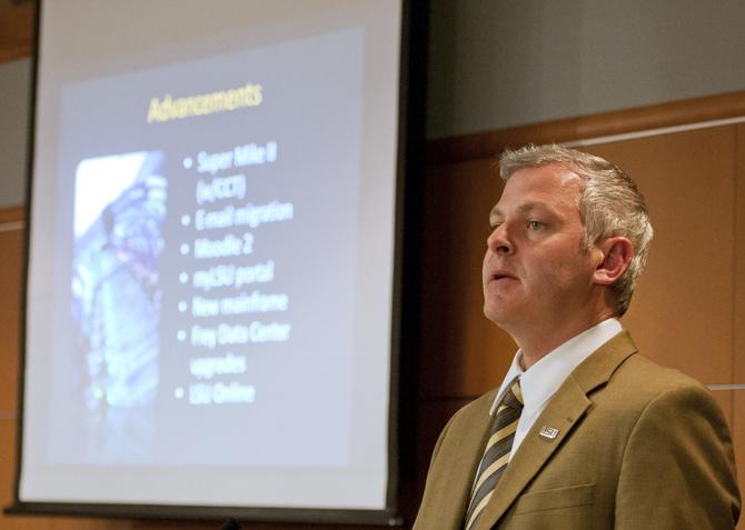 LSU Chief Information Officer Brian Nichols presents the "State of IT at LSU" Tuesday, March 19, 2013 for the Faculty Senate in the Capital Chamber in the Student Union.
 