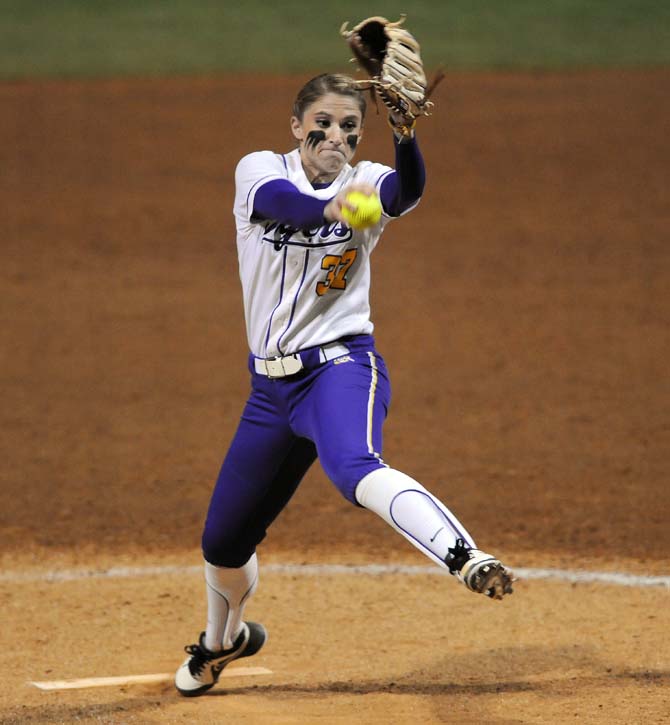 LSU senior pitcher Rachele Fico (37) winds up Feb. 16, 2013 during the Tigers' 7-2 win against Virginia in Tiger Park.
 