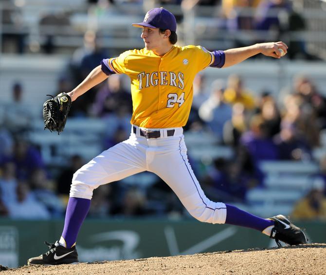 LSU sophomore southpaw Cody Glenn (24) pitches Sunday, March 3, 2013 during the 2-0 victory against Nicholls State at Alex Box Stadium.
 