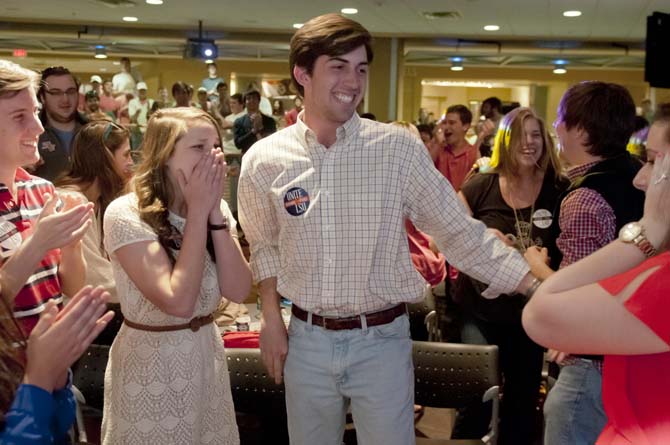 Taylor Parks (left) and John Woodard (right) celebrate Wednesday, March 13, after they received the most votes in the Student Government election. However, their campaign, Unite LSU, was disqualified pending a UCourt appeal decision.
 