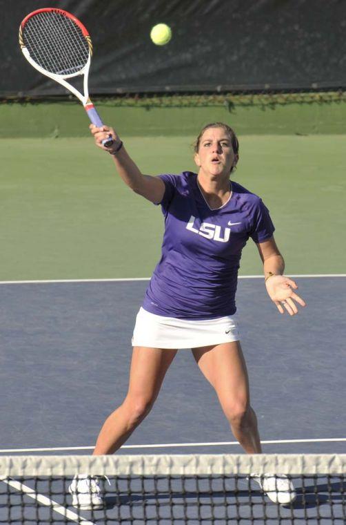 LSU sophomore Mary Jeremiah hits the ball Friday, March 15, 2013, during a match against Texas A&amp;M in W.T. "Dub" Robinson Stadium.
 