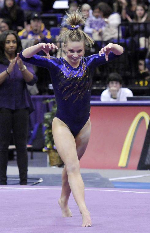 LSU sophomore all-around Jessie Jordan ends her floor routine March 1, 2013 during the Tigers' 197-196 win against Georgia in the PMAC.
 