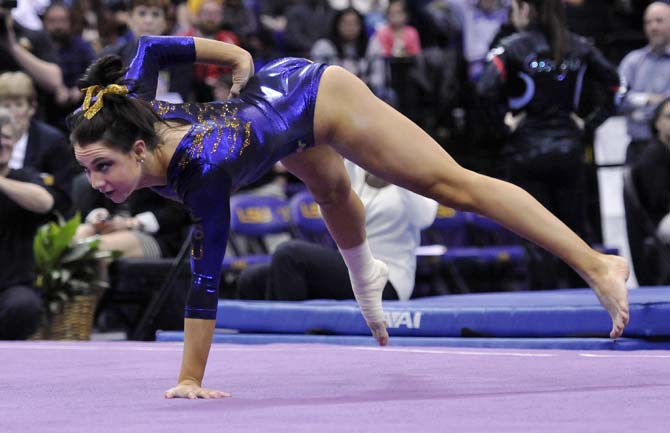 LSU sophomore all-around Rheagan Courville performs her floor routine Friday, March 1, 2013 during the Tigers' 197-196 win against Georgia in the PMAC.
 