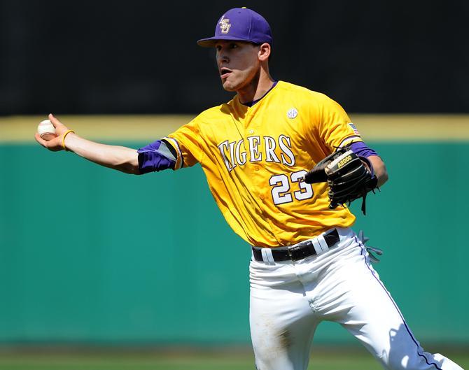 LSU junior second baseman JaCoby Jones (23) throws to first Sunday, March 24, 2013 during the 8-2 victory against Auburn at Alex Box Stadium.
 