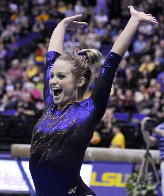 LSU sophomore all-around Jessie Jordan lets out a smile March 1, 2013 during the Tigers' 197-196 win against Georgia in the PMAC.
 