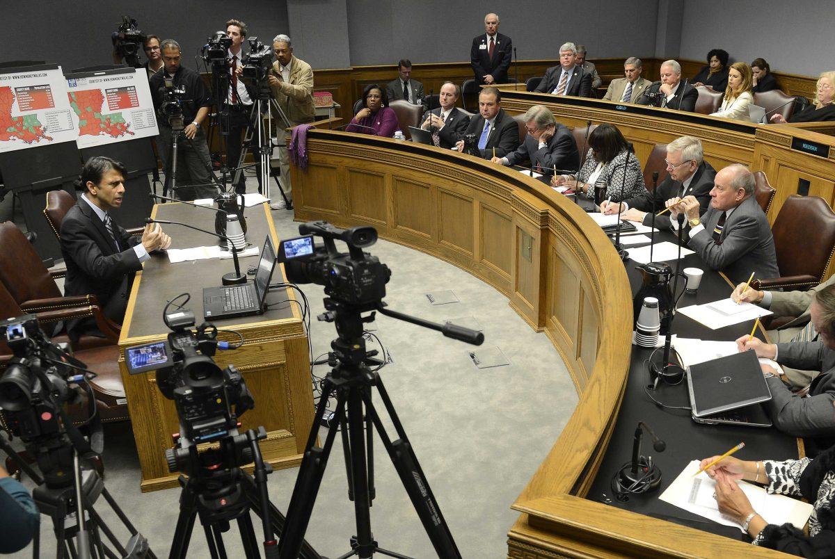 Gov. Bobby Jindal gives an overview of some of his tax reform proposals Thursday March 14, 2013 in Baton Rouge, La, during a meeting of the joint committee on ways and means. (AP Photo/The Baton Rouge Advocate, Arthur D. Lauck)