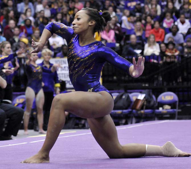 LSU junior all-around Maliah Mathis performs her floor routine March 1, 2013 during the Tigers' 197-196 win against Georgia in the PMAC.
 