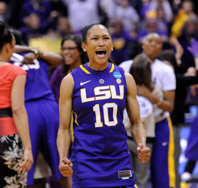 LSU senior guard Adrienne Webb (10) celebrates Tuesday March 26, 2013 after the Tigers' 71-66 victory against Penn State in the PMAC.
 