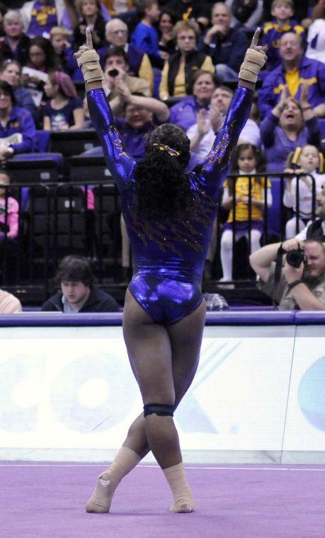 LSU sophomore all-around Lloimincia Hall poses before her floor routine March 1, 2013 during the Tigers' 197-196 win against Georgia in the PMAC.
 