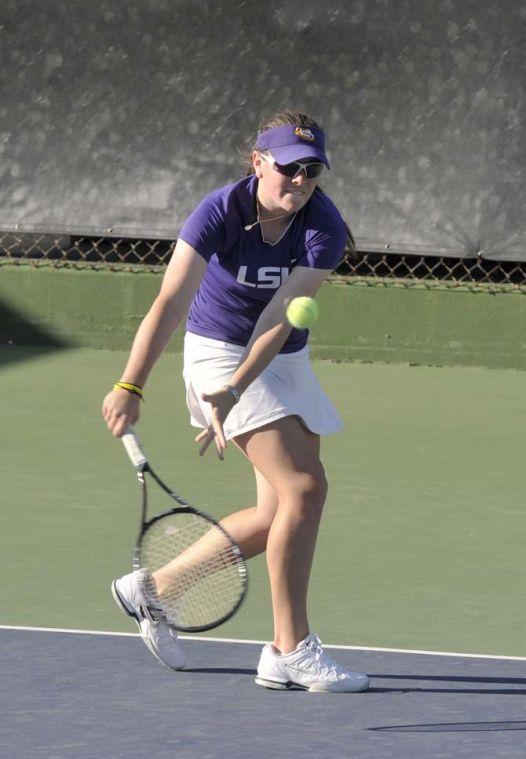 LSU senior Keri Frankenberger hits the ball Friday, March 15, 2013, during a match against Texas A&amp;M in W.T. "Dub" Robinson Stadium.
 