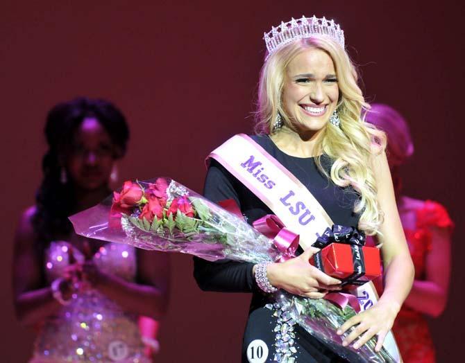 Mass Communication senior Hilary Tuttle smiles with delight Sunday, March 24, 2013 after being named the 2013 Miss LSU Pageant winner in the Union Theater.
 