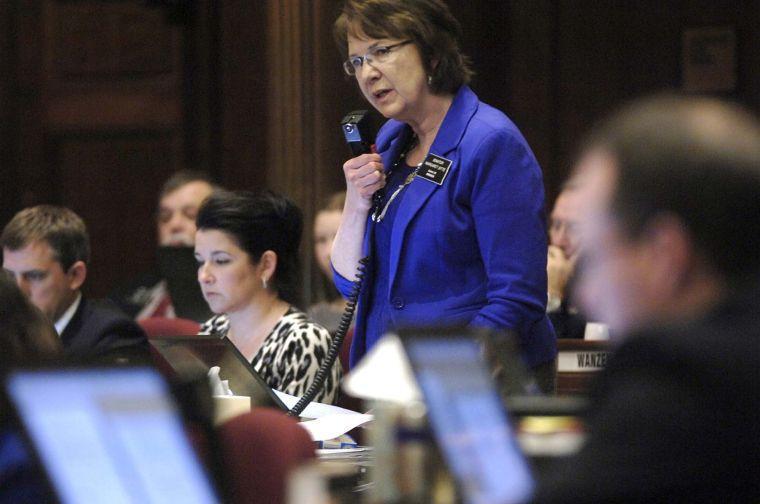 North Dakota state Sen. Margaret Sitte, R-Bismarck, speaks in favor of HB1305 during the chamber floor debate at the state Capitol, Friday, March 15, 2013 in Bismarck, N.D. The North Dakota Senate overwhelmingly approved two anti-abortion bills Friday, one banning abortions as early as six weeks into a pregnancy and another prohibiting the procedure because of genetic defects such as Down syndrome. If the governor signs the measures, North Dakota would be the only state in the U.S. with those laws (AP Photo/The Bismarck Tribune, Mike McCleary)
 