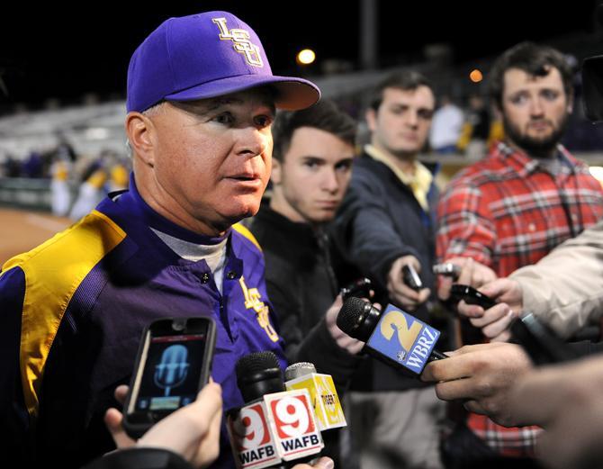 LSU head baseball coach Paul Mainieri discusses the 9-4 loss to Brigham Young University to reporters Saturday, Feb. 23, 2013 at Alex Box Stadium.