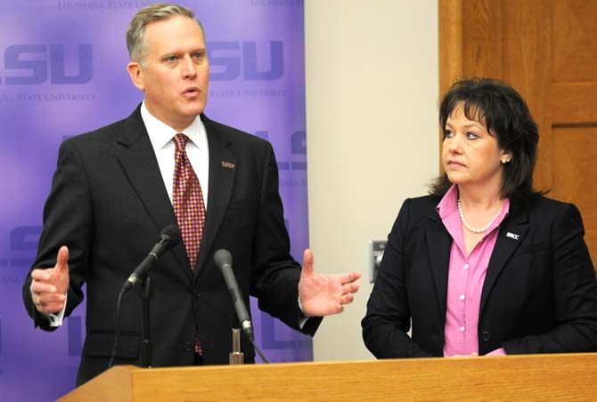 David Kurpius, associated vice chancellor for enrollment management at LSU, addresses the logistics concerning the new Tiger Bridge Program Wednesday, March 6, 2013 in the Dalton J. Woods auditorium. The program will allow BRCC students to live on the LSU campus while taking classes at the community college beginning next Fall.
 