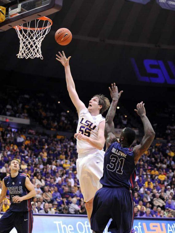 LSU senior center Andrew Del Piero (55) lays the ball in March 9, 2013 during the Tigers' 67-81 loss to Ole Miss in the PMAC.
 