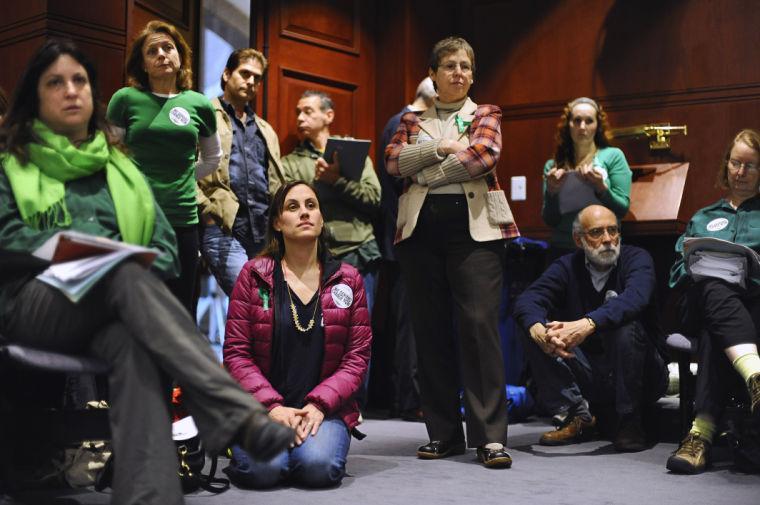 Betty Gallo, standing center, lobbyist representing the Coalition Against Gun Violence, stands with supporters of gun control at a Connecticut Against Gun Violence meeting at the Legislative Office Building in Hartford, Conn., Wednesday, March 13, 2013. Both sides of the gun control issue are increasing pressure on Connecticut lawmakers who are close to voting on changes to state law stemming from the shooting deaths of 20 children and six educators at Sandy Hook Elementary School in Newtown. (AP Photo/Jessica Hill)
 