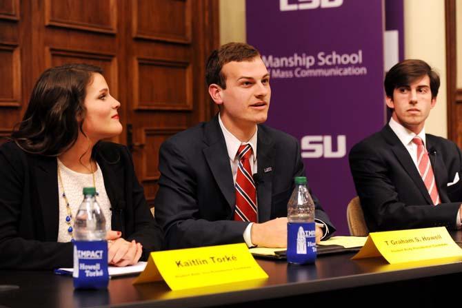 Student Government Presidential candidate T Graham S. Howell speaks at a campaign debate on March 7, 2013, in the Holliday Forum.
 