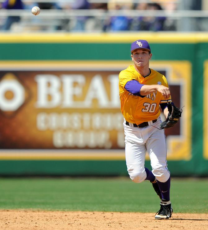 LSU freshman short stop Alex Bregman (30) throws to first Sunday, March 24, 2013 during the 8-2 victory against Auburn at Alex Box Stadium.
 