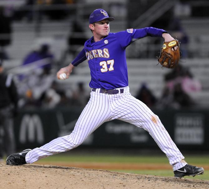 LSU junior pitcher Ryan Eades (37) pitches Saturday, March 2, 2013 during the 7-1 victory against Brown at Alex Box Stadium.
 