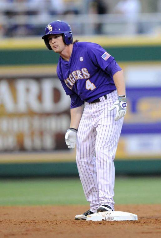 LSU senior outfielder Raph Rhymes (4) celebrates after a double Saturday, April 27, 2013 during the Tigers' 4-2 loss to South Carolina in Alex Box Stadium.
 