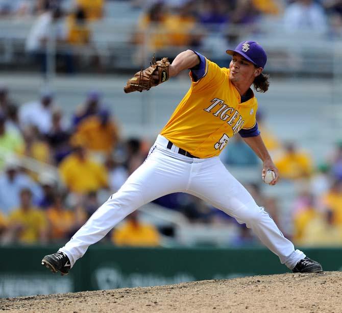 LSU senior left-handed pitcher Chris Cotton (58) pitches the ball Sunday, April 7, 2013 during the Tigers' 11-4 victory against Kentucky in Alex Box Stadium.
 