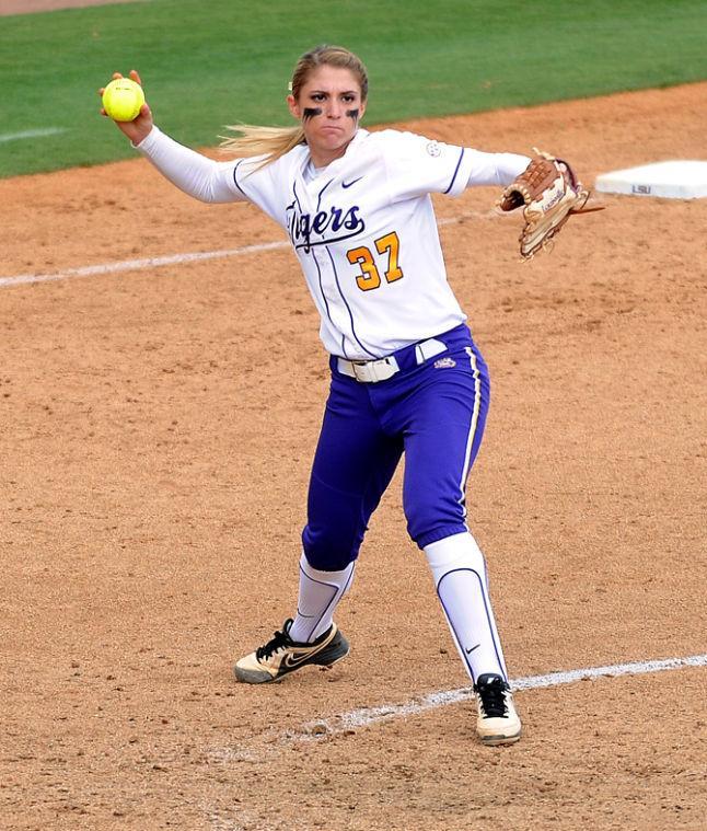 LSU senior pitcher Rachele Fico (37) throws to first base Saturday, April 27, 2013 during the Tigers' 4-3 victory over Alabama at Tiger Park.
 