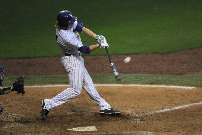 LSU senior outfielder Raph Rhymes hits the ball Tuesday, April 30, 2013, during the Tigers' 7-3 win against the MSU Cowboys.
 