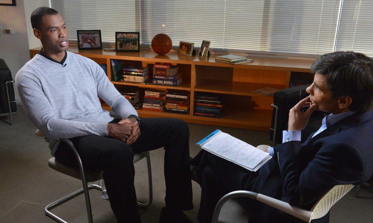 In this photo provided by ABC, NBA basketball veteran Jason Collins, left, speaks during an interview with George Stephanopoulos, Monday, April 29, 2013, in Los Angeles. In a first-person article posted Monday on Sports Illustrated's website, Collins became the first active player in one of four major U.S. professional sports leagues to come out as gay. The interview aired on Good Morning America on Tuesday. (AP Photo/ABC, Eric McCandless)