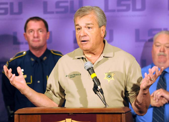 East Baton Rouge Parish Sheriff Sid Gautreaux III speaks to the press Wednesday, Sept. 19, 2012 about the collective efforts to detain William Bouvay Jr., 42, after he made a bomb threat to LSU's campus on Monday. (Catherine Threlkeld / The Daily Reveille)