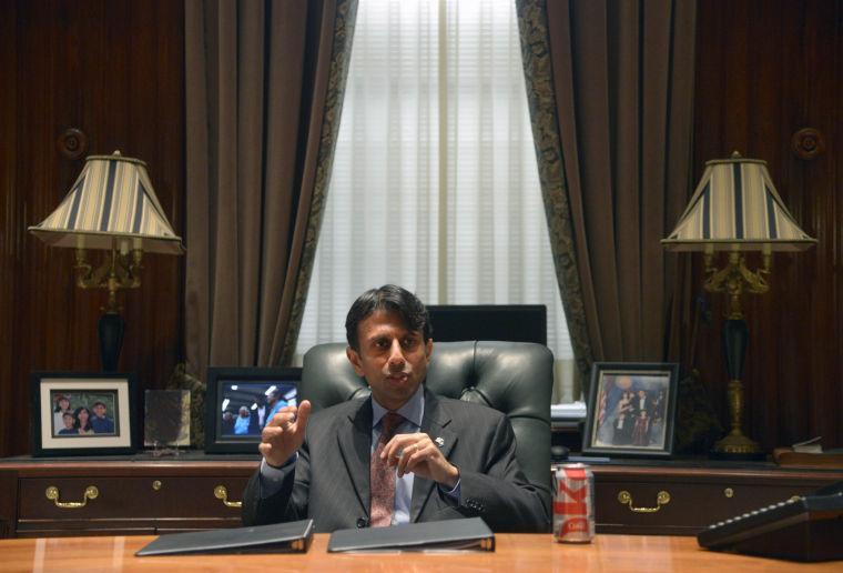 Louisiana Governor Bobby Jindal speaks to the press on current push for state tax reform on Thursday, April 11, 2013, at the Louisiana State Capitol in Baton Rouge, La. (AP Photo/The Advocate, Adam Lau)
 