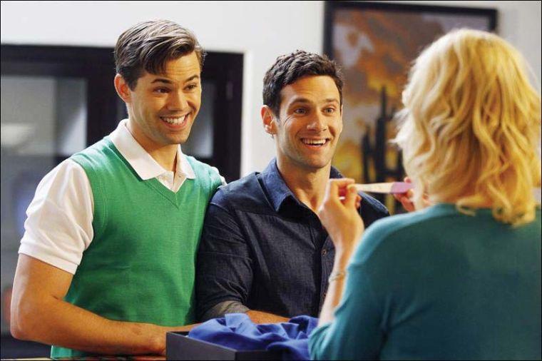 Trae Patton/NBC/Associated Press Andrew Rannells as Bryan, left, and Justin Bartha as David in a scene from &#8220;The New Normal,&#8221; premiering Sept. 11, on NBC.
 