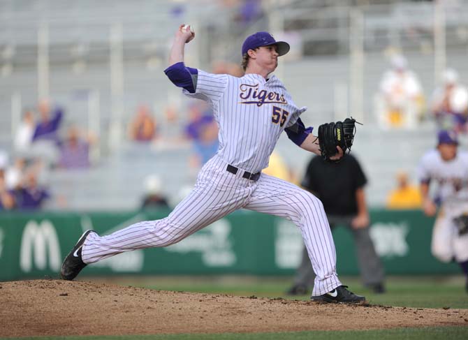 LSU freshman pitcher Hunter Newman pitches the ball Tuesday, April 30, 2013, during the Tigers' 7-3 win against the MSU Cowboys.
 