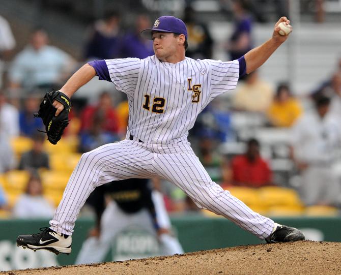 LSU freshman southpaw Hunter Devall (12) pitches Wednesday, April 10, 2013 during the 16-2 victory over Southern University at Alex Box Stadium.
 