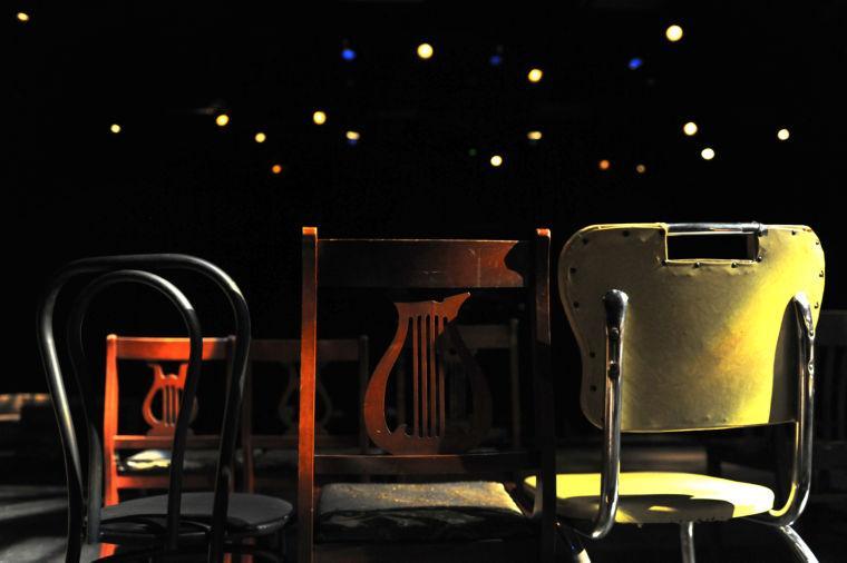 Different styles of chairs face stage lights in the Music and Dramatic Arts Building April 15, 2013. The play has six actors, is a year in the making, and will run from Tuesday through sunday at 7:30 pm, with another showing at 2:00 pm on Sunday. Tickets are $10 at the door.
 