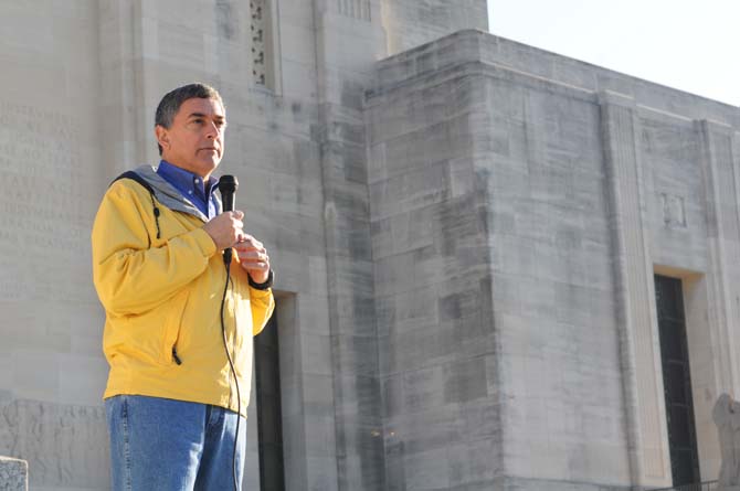 Lieutenant Governor Jay Dardenne speaks Saturday, April 20, 2013, at the steps of the Louisiana State Capitol for Baton Rouge Run for Boston, a 2.62 mile run organized by several local running clubs to support victims of the Boston Marathon bombing.
 