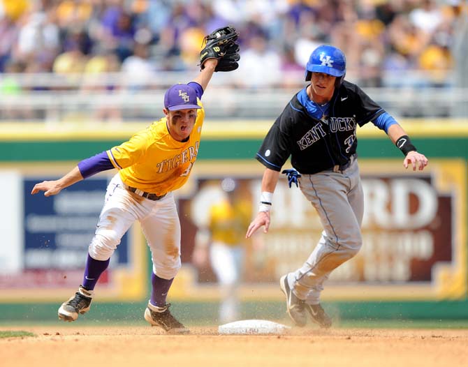 LSU freshman infielder Alex Bregman (30) catches the ball to strike out a Kentucky player at second base Sunday, April 7, 2013 during the Tigers' 11-4 victory against the Wildcats in Alex Box Stadium.
 