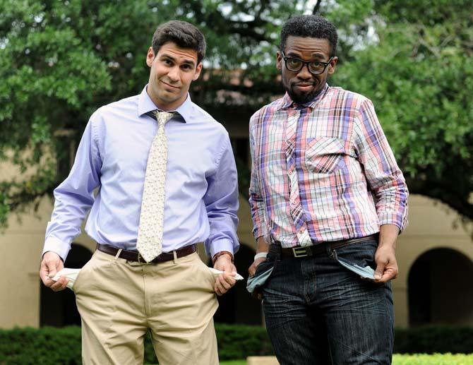 Ryan Chenevert (left) and Josh Howard (right), two 2009 LSU graduates who run the blog 2BrokeGuys, stand in the quad on April 15, 2013. 2BrokeGuys features budget friendly events in the Baton Rouge area.
 