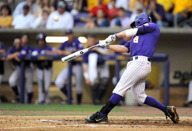 LSU senior first baseman Mason Katz (8) follows through a swing Saturday, April 27, 2013 during the Tigers' 4-2 loss to South Carolina in Alex Box Stadium.
 