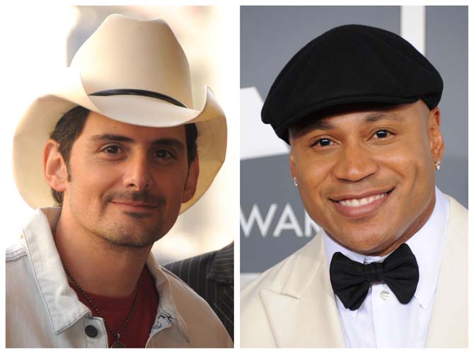 FILE - This combination of file photos shows Brad Paisley, left, in Hollywood, Calif. on Nov. 1, 2011 and LL Cool J in Los Angeles on Feb. 10, 2013. Southern white men don't usually drive racial dialogue. For as long as race has riven America, they have been depicted more often as the problem than the solution. So the country music star must have been unsurprised at the days of widespread criticism of his new song &#8220;Accidental Racist,&#8221; which details the challenges facing a &#8220;white man from the southland&#8221; and then features LL Cool J rapping a black perspective. (Photos by Jordan Strauss/Invision/AP, File)
 