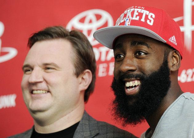 Houston Rockets general manager Daryl Morey (left) poses with James Harden (right) in October 2012 after a news conference announcing Harden&#8217;s signing with the Rockets.
 