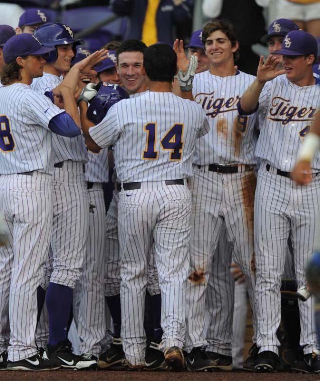 LSU junior infielder Christian Ibarra celebrates after a homerun Tuesday, April 30, 2013, during the Tigers' 7-3 win against the MSU Cowboys.
 