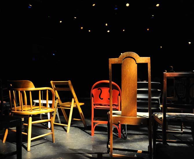 Different styles of chairs face stage lights in the Music and Dramatic Arts Building April 15, 2013. The play has six actors, is a year in the making, and will run from Tuesday through sunday at 7:30 pm, with another showing at 2:00 pm on Sunday. Tickets are $10 at the door.
 