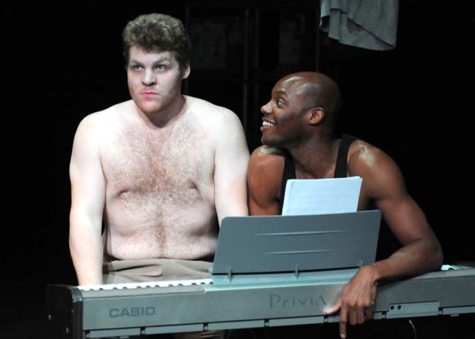 LSU&#160;theatre senior Jacob Miller (left) and&#160; doctoral student Le&#8217;Brian Patrick (right) perform a scene from Outworks on Sunday in the Studio Theatre.
 