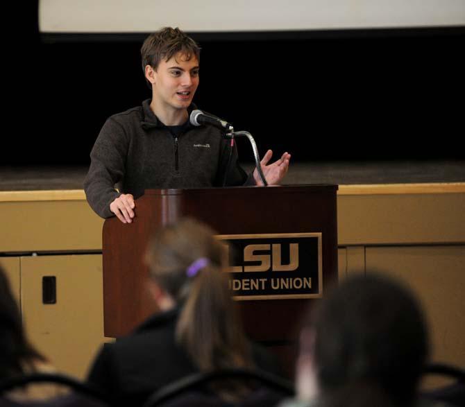 Keynote speaker Zach Kopplin speaks on the LA Science and Education Act to a group of secular humanists Sunday, April 14, 2013.
 