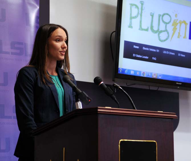 Lauren Stuart, Executive Director &amp; Program Coordinator for Greater Baton Rouge Clean Cities Coalition, speaks at the Plug-In LSU Website Press Conference LSU Thursday, April 4, 2013 in the Barnes &amp; Noble at LSU Bookstore.
 