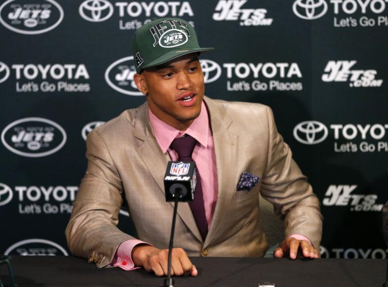 New York Jets first round draft pick Dee Milliner, a cornerback from Alabama, speaks during an NFL football news conference at the team's practice facility in Florham Park, N.J., Friday, April 26, 2013. Milliner was selected ninth overall in Thurday's NFL draft. (AP Photo/Rich Schultz)
 