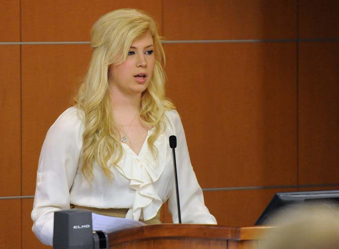 Student Government Speaker of the Senate Meredith Westbrook speaks on Wednesday, April 10, 2013 during a Student Government Senate meeting in the Capital Chambers in the Union.
 