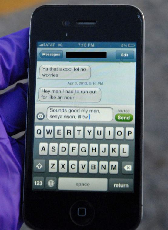 This April 3, 2013 photo provided by the Greeley Police shows the text message University of Northern Colorado student Alexander Heit was typing to an unidentified person when police say he lost control of his car and ran off the road. He was taken to North Colorado Medical Center where he later died. Now his parents are hoping to convince others not to text and drive. The name of the message's recipient was redacted by the Greeley Police to protect the recipient's identity. (AP Photo/Greeley Police)
 