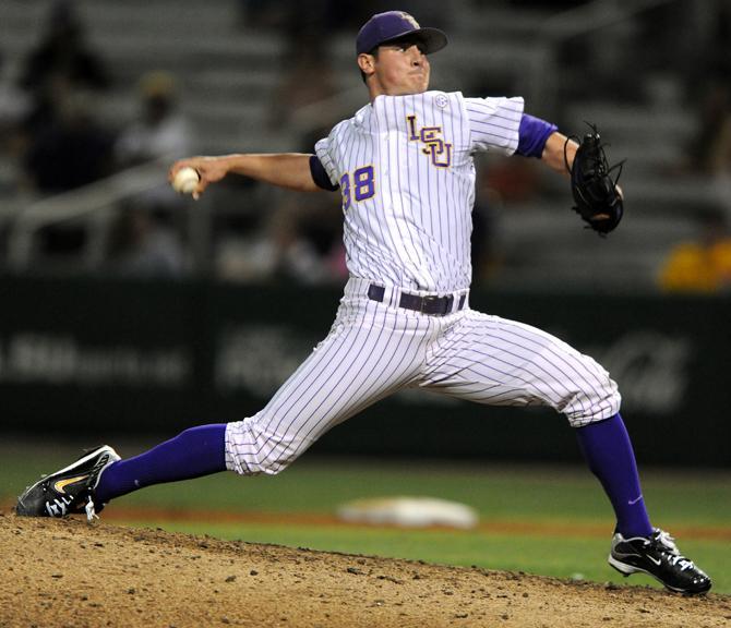 LSU junior pitcher Nick Rumbelow (38) throws Wednesday, April 10, 2013 during the 16-2 victory over Southern University at Alex Box Stadium.
 