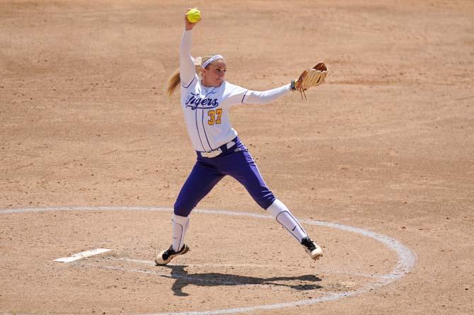 LSU senior pitcher Rachele Fico pitches the ball Sunday, April 21, 2013, during the Tigers' game against Missouri at Tiger Park.
 